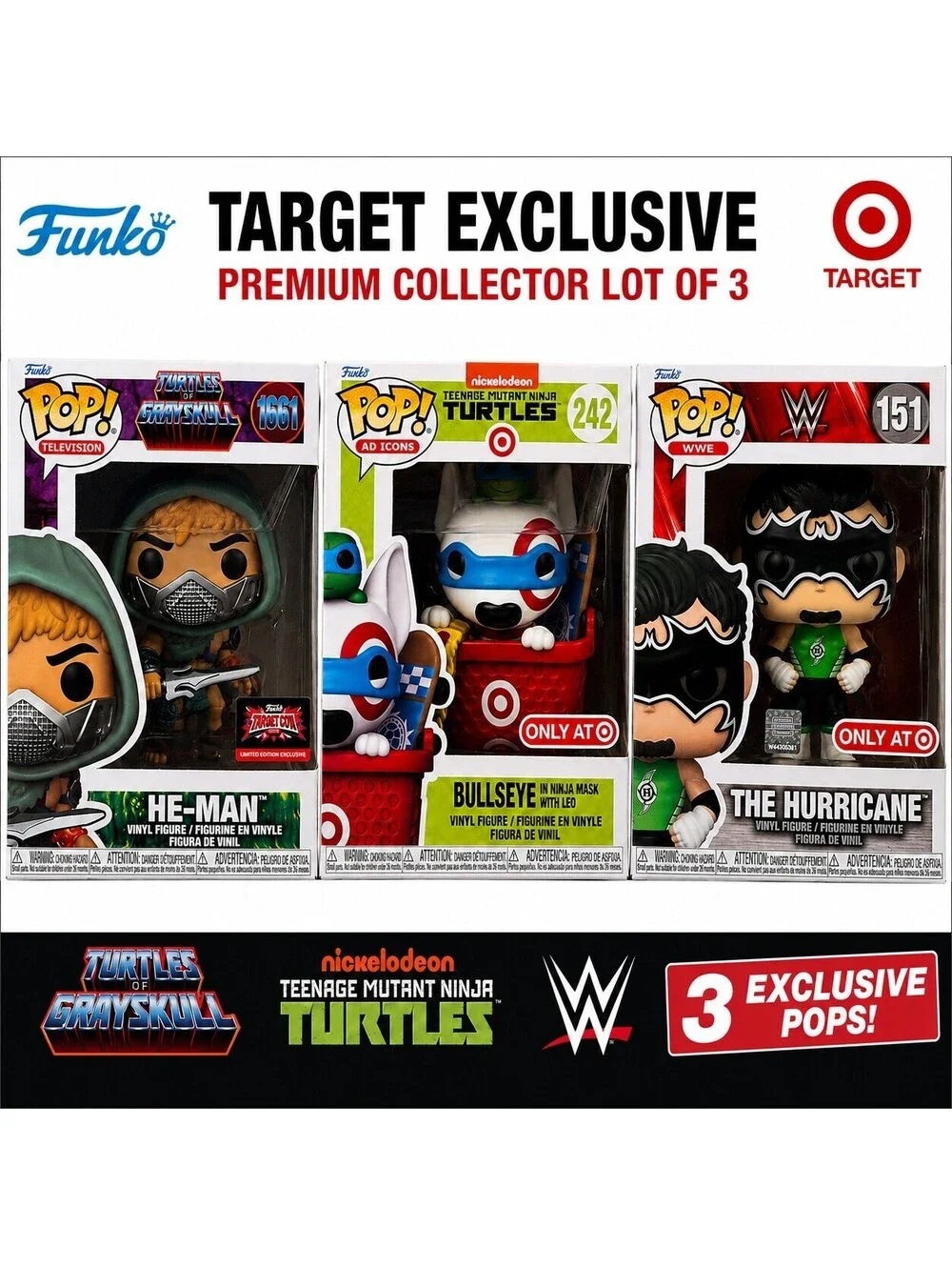 Funko Pop Lot of 3 Target Exclusives He-Man Bullseye TMNT WWE